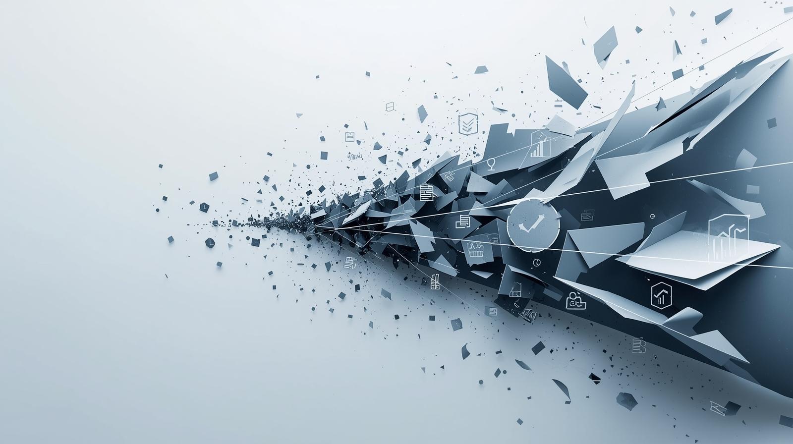 Abstract digital explosion of geometric shapes and data icons.